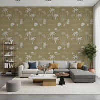 Living room wall showing Olive Tropical Icon Wallpaper with shell and wave motifs