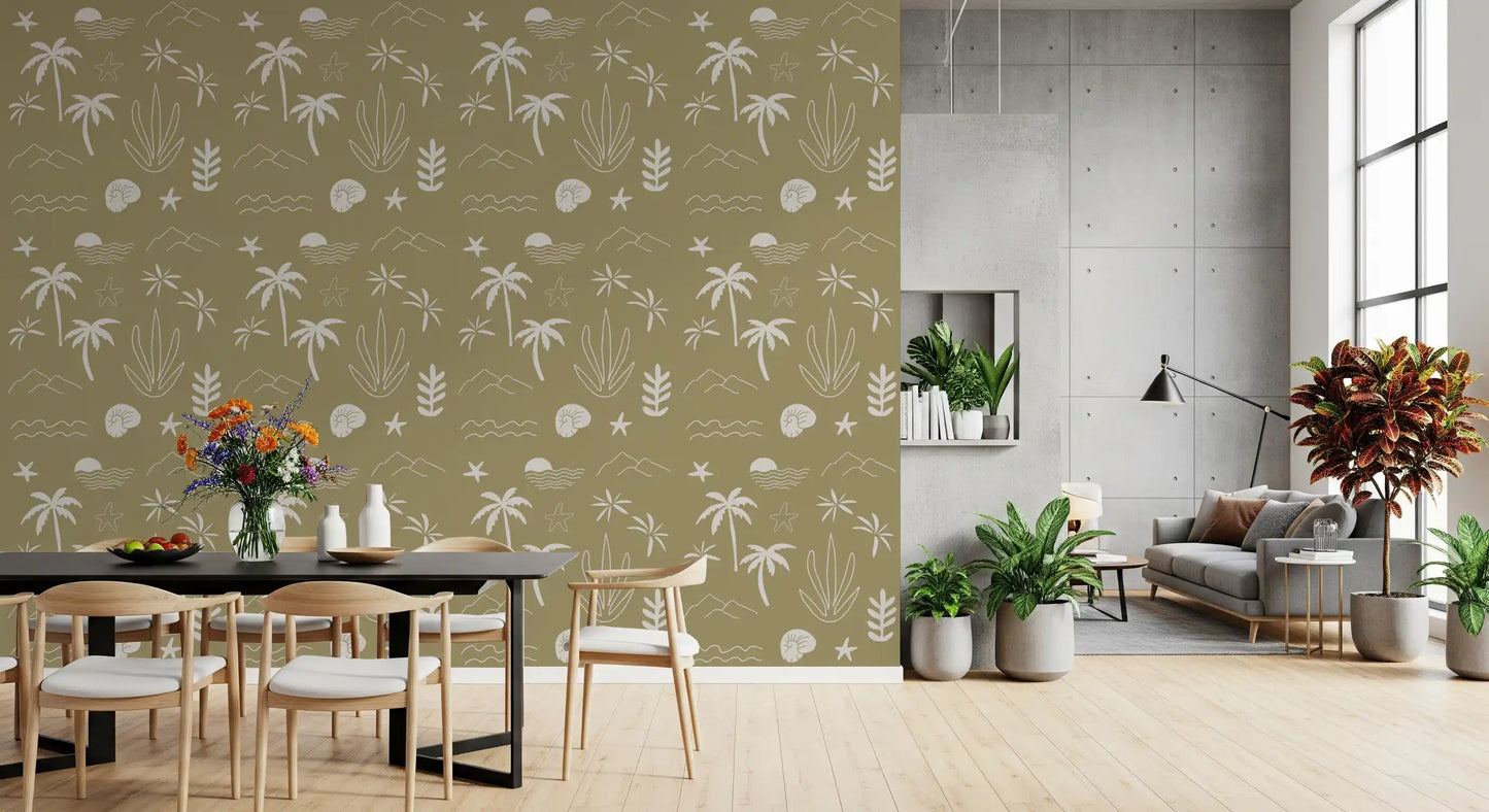 Dining room using Olive Green Tropical Wallpaper with starfish icon detail