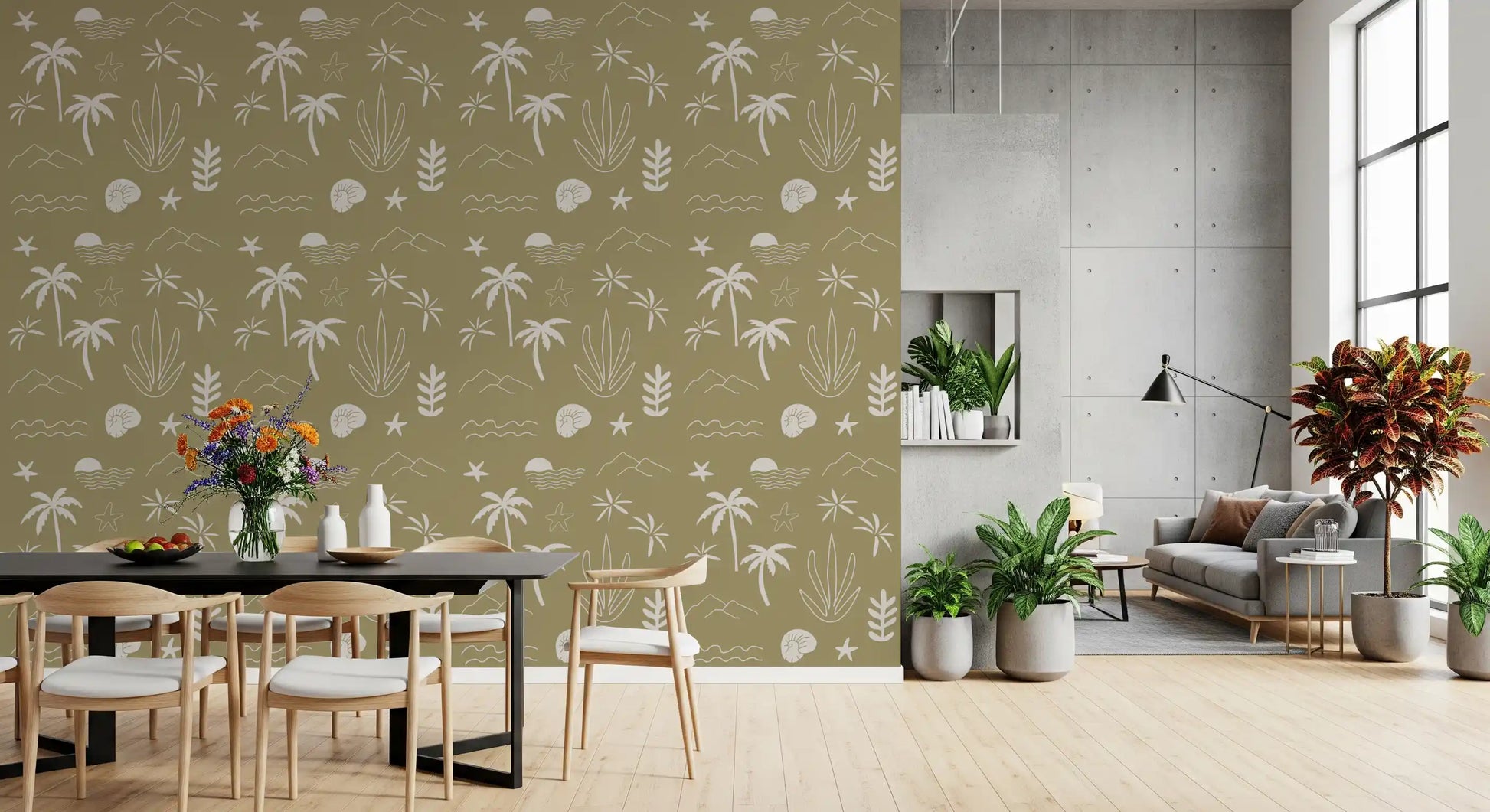 Dining room using Olive Green Tropical Wallpaper with starfish icon detail