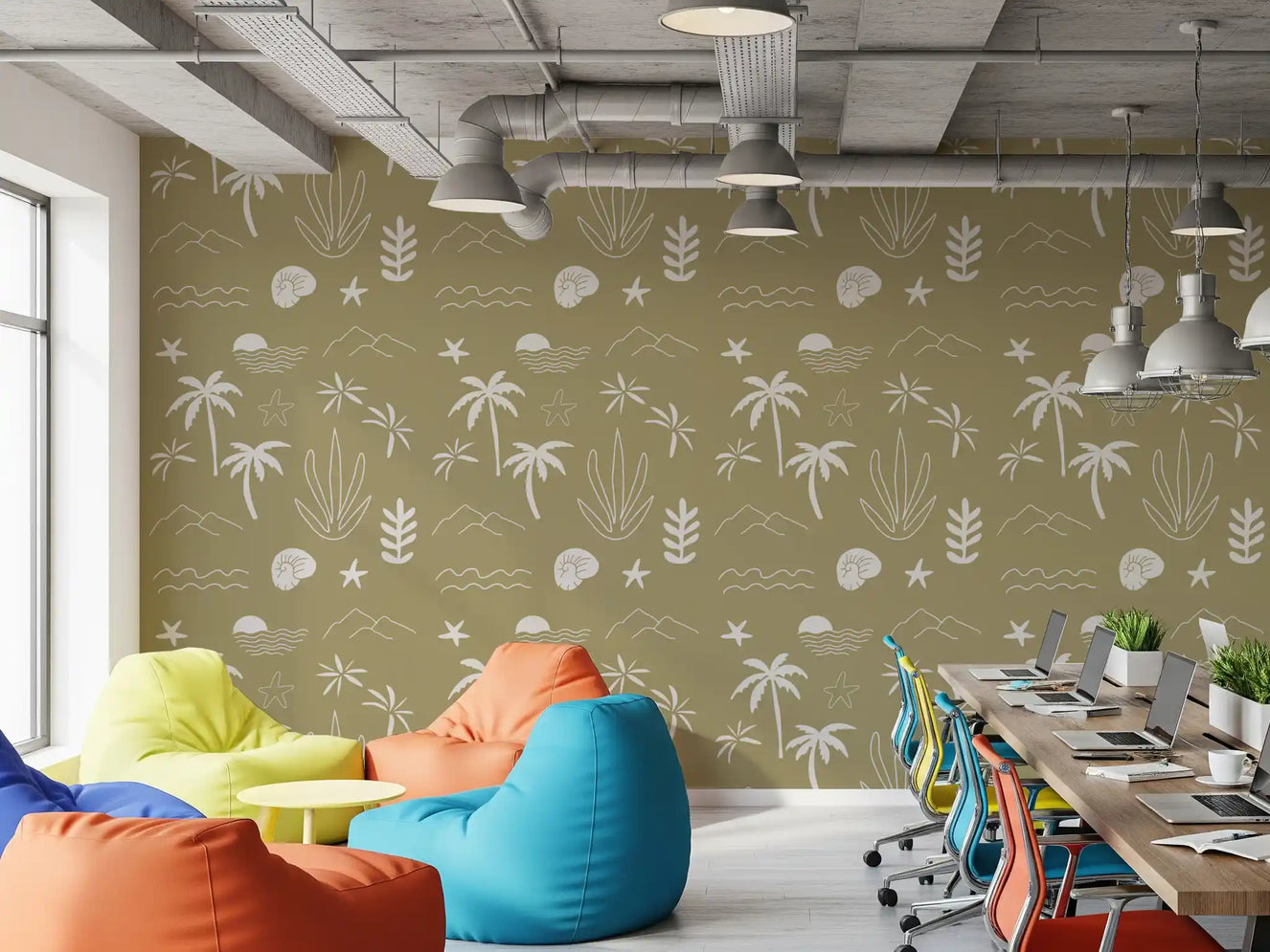 Office room with Olive Green Tropical Icon Wallpaper and palm artwork