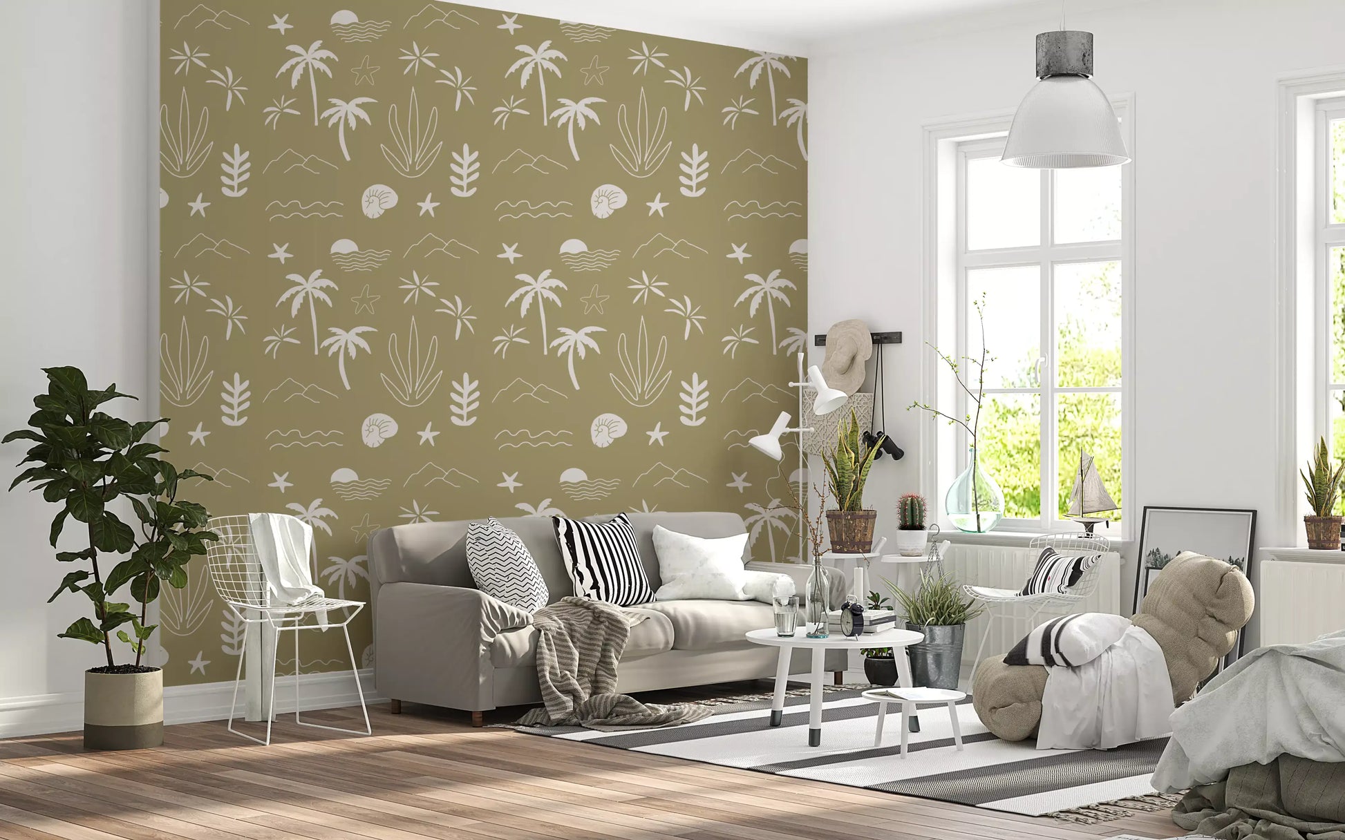 Olive Green Wallpaper featuring palm motifs and relaxed coastal linework