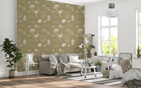 Olive Green Wallpaper featuring palm motifs and relaxed coastal linework