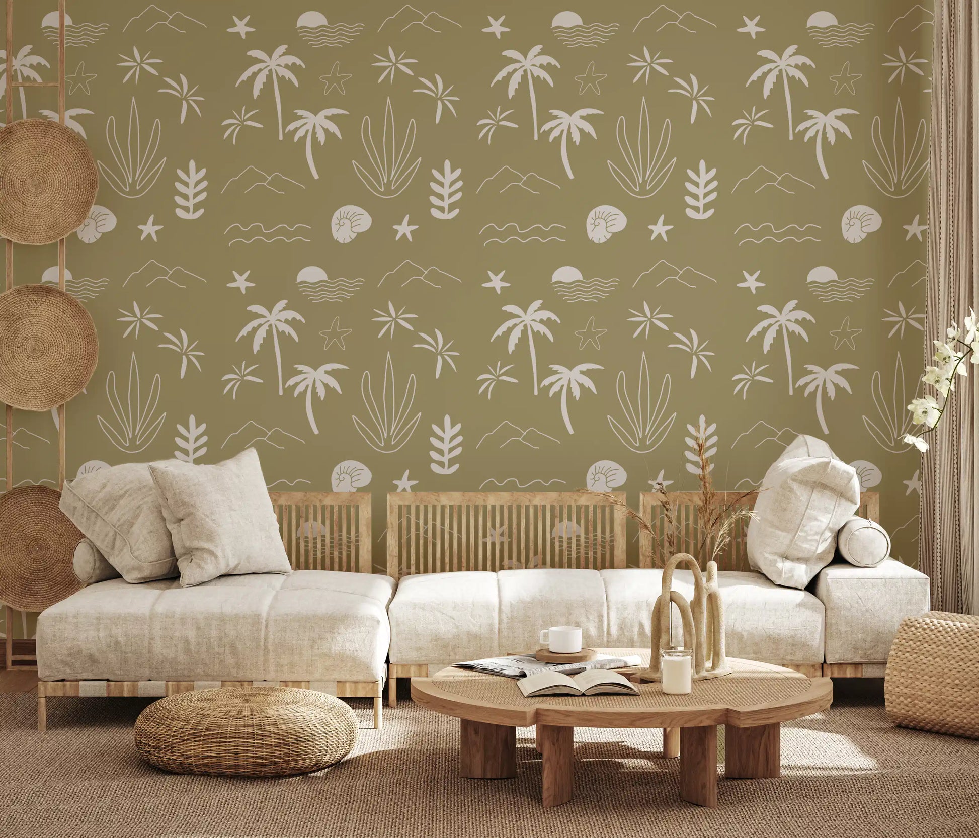 Office room with Tropical Icon Wallpaper and muted olive coastal symbols
