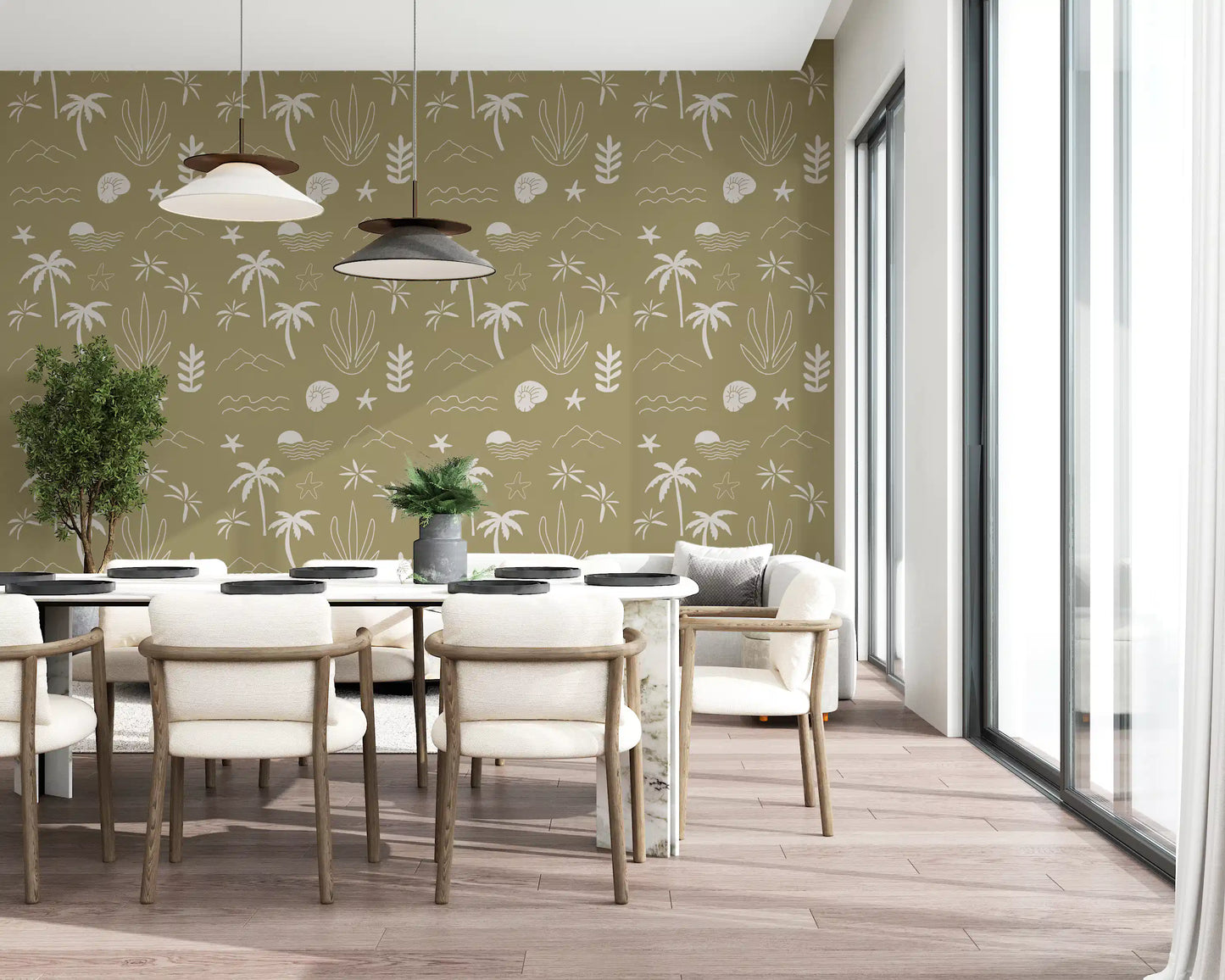 Boho Coastal Wallpaper showing olive green background and tropical icons