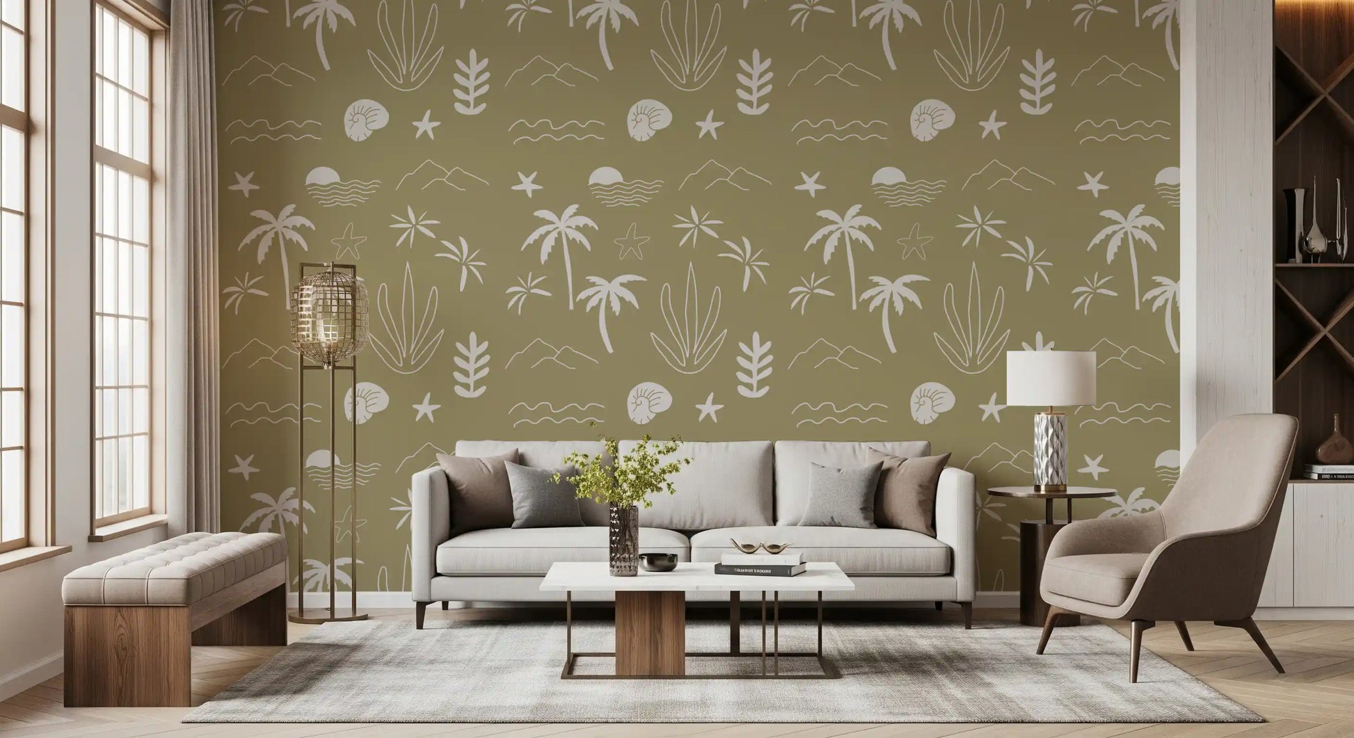 Olive Green Tropical Icon Wallpaper with palm trees, shells, and waves
