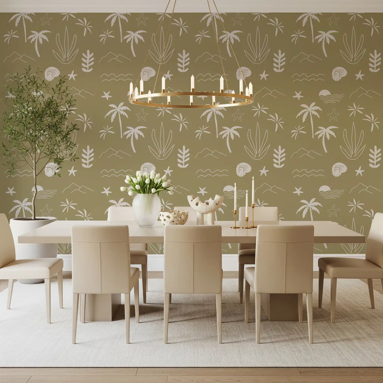 Dining room with Boho Coastal Wallpaper in soft olive and tropical line art