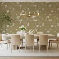 Dining room with Boho Coastal Wallpaper in soft olive and tropical line art