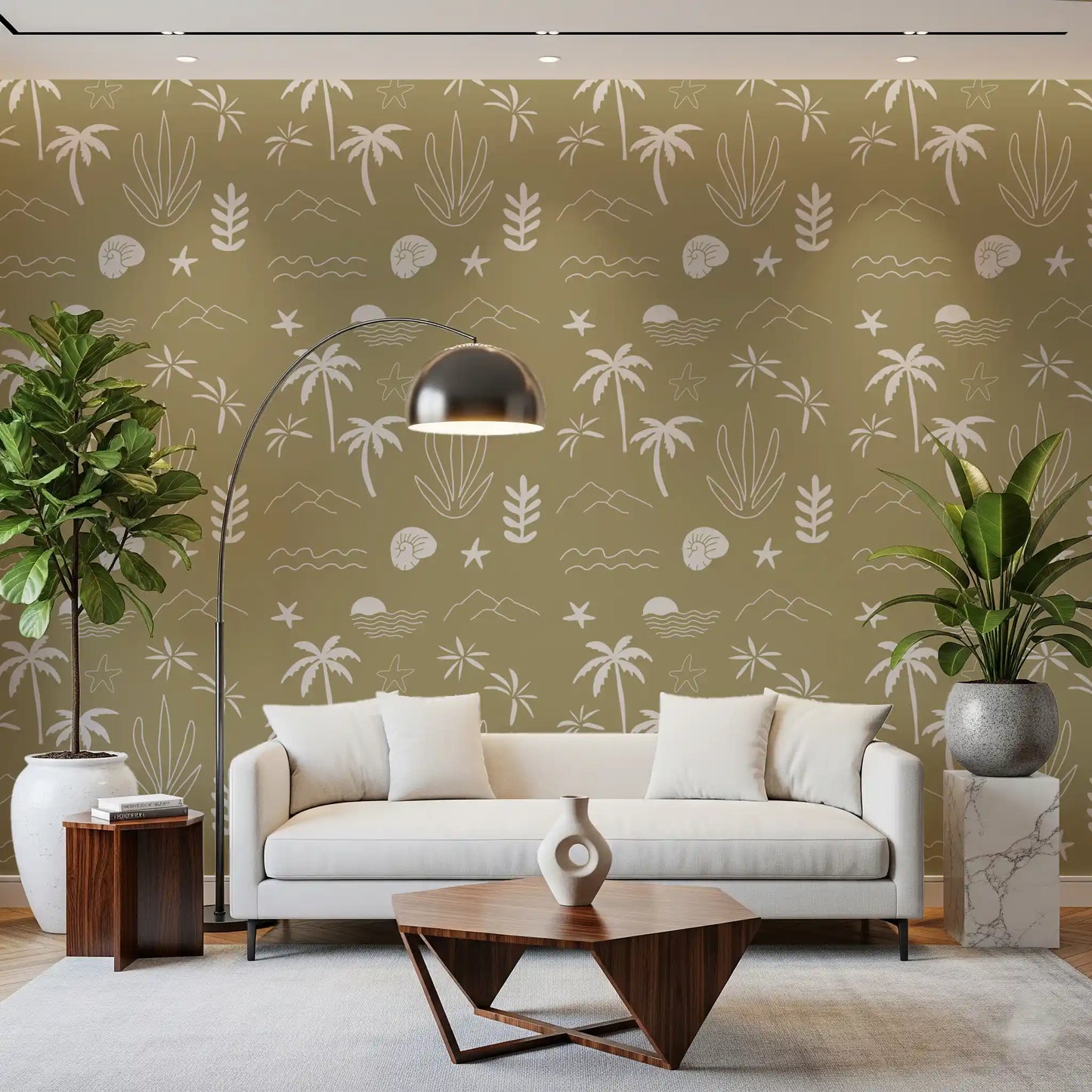 Tropical Icon Wallpaper with mountain sketches, starfish, and shell art