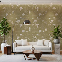 Tropical Icon Wallpaper with mountain sketches, starfish, and shell art