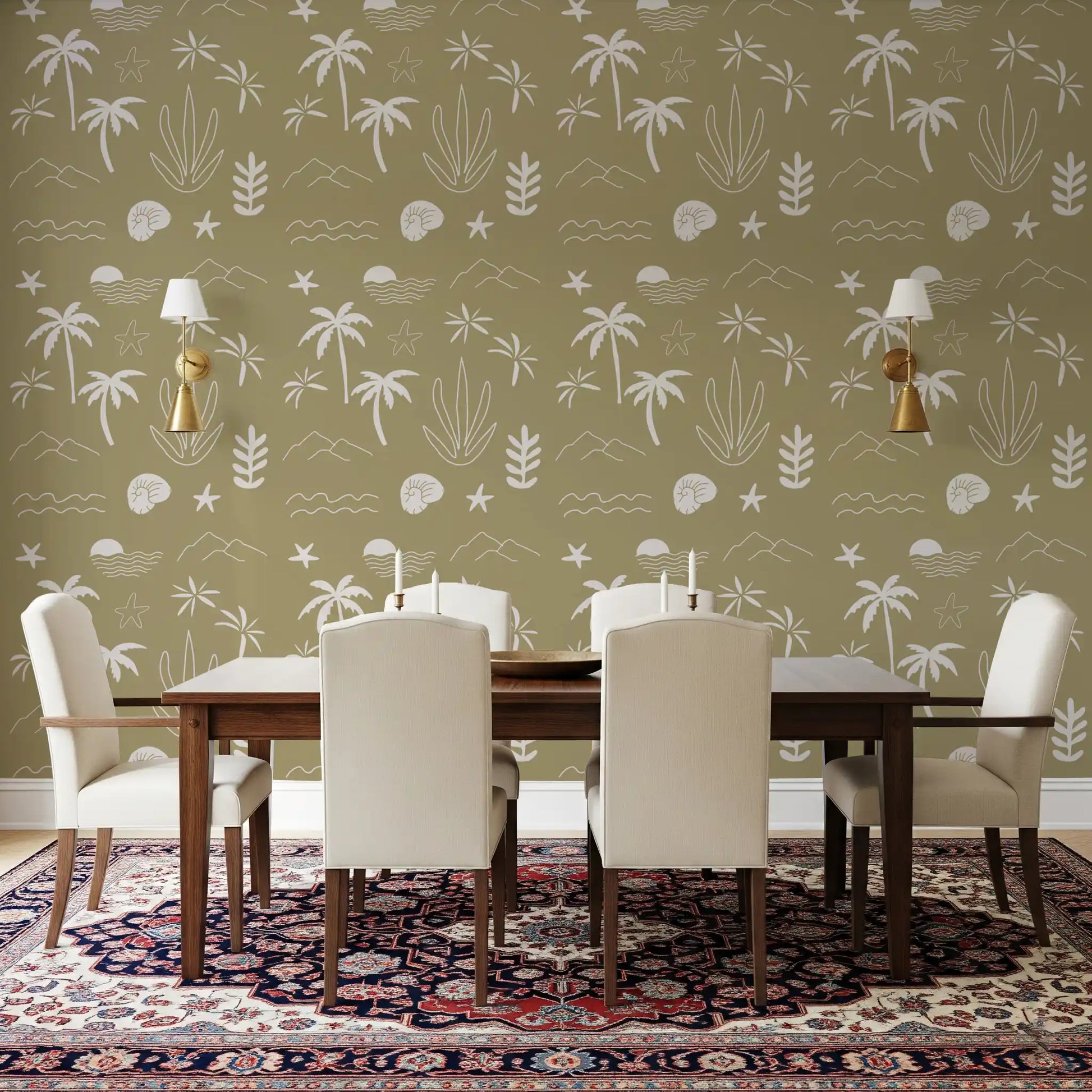 Coastal Wallpaper with tropical symbols on a muted olive green surface