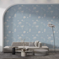 Soft Blue Tropical Icon Wallpaper with palm trees, shells, and wave lines
