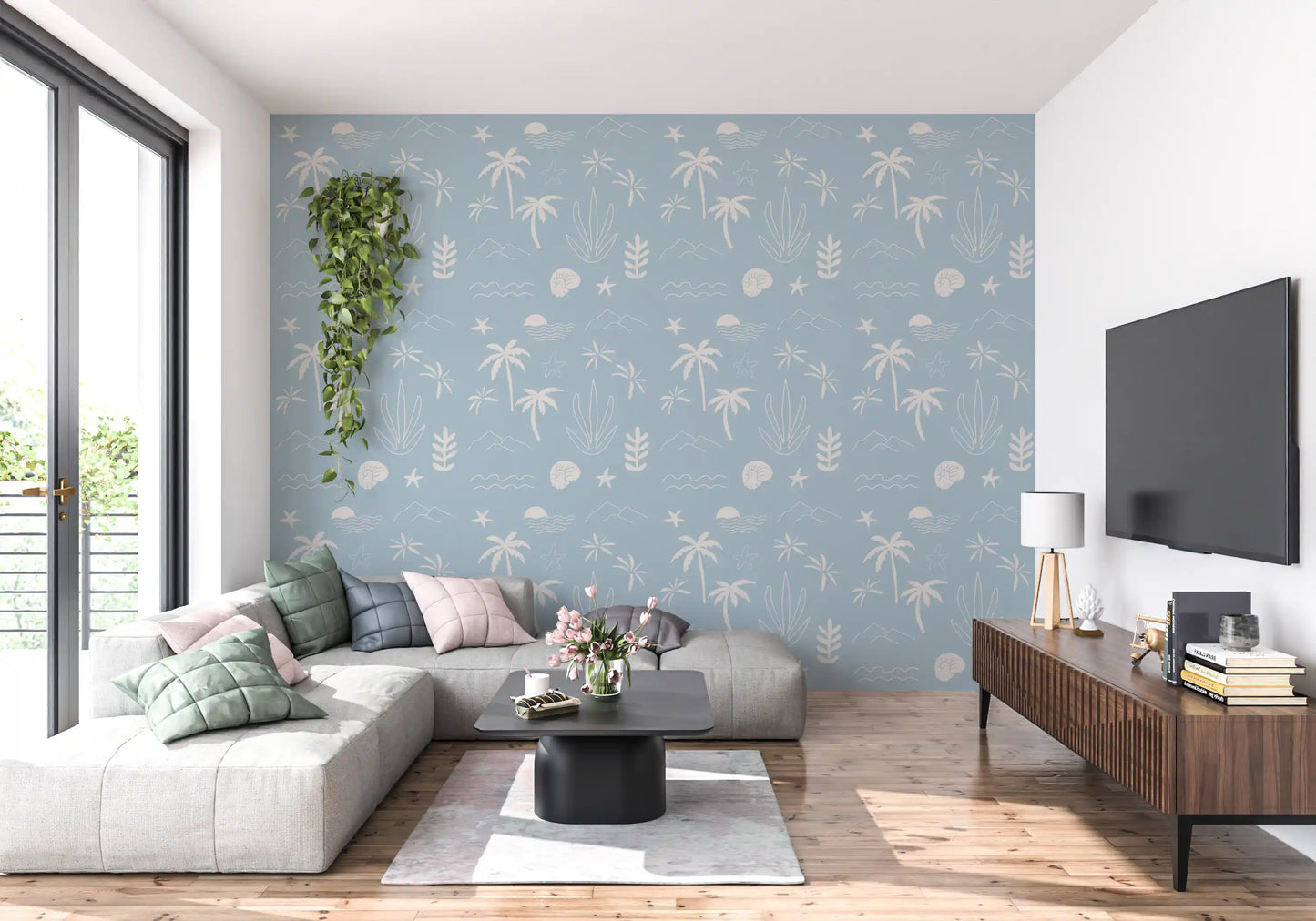 Hallway with Tropical Icon Wallpaper in a soft blue coastal pattern