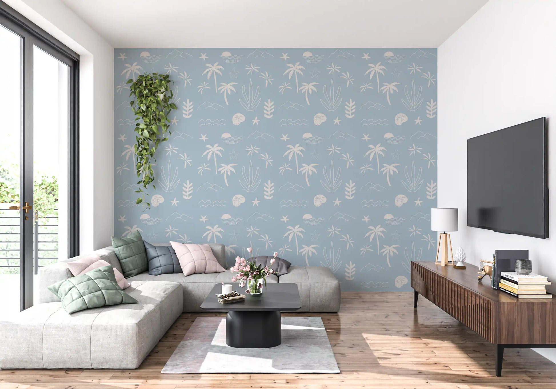 Hallway with Tropical Icon Wallpaper in a soft blue coastal pattern
