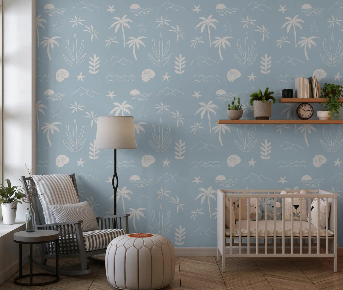 Coastal Wallpaper featuring tropical icons and a calm pale blue palette