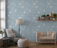 Coastal Wallpaper featuring tropical icons and a calm pale blue palette