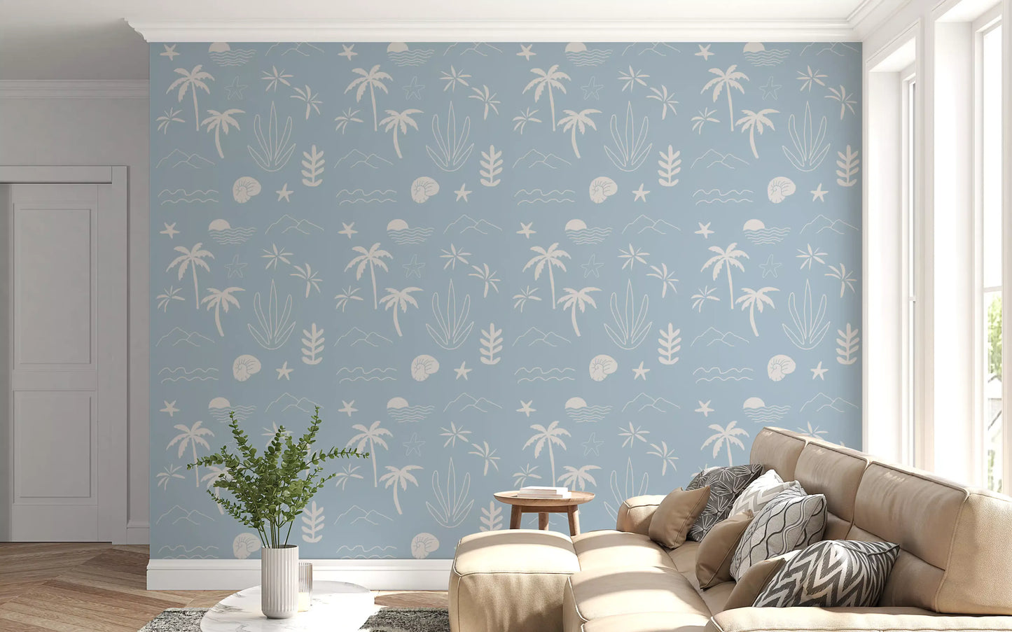 Office room with Soft Blue Tropical Wallpaper and seaside icon motifs