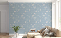Office room with Soft Blue Tropical Wallpaper and seaside icon motifs