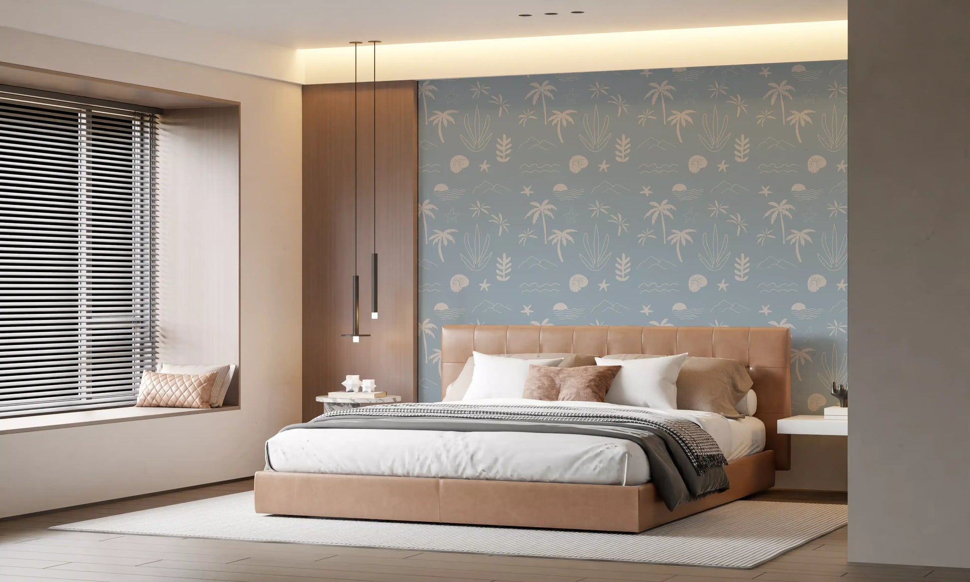 Bedroom with Soft Blue Tropical Icon Wallpaper and coastal symbols