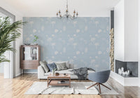 Soft Blue Wallpaper with mountain sketches, waves, and palm motifs