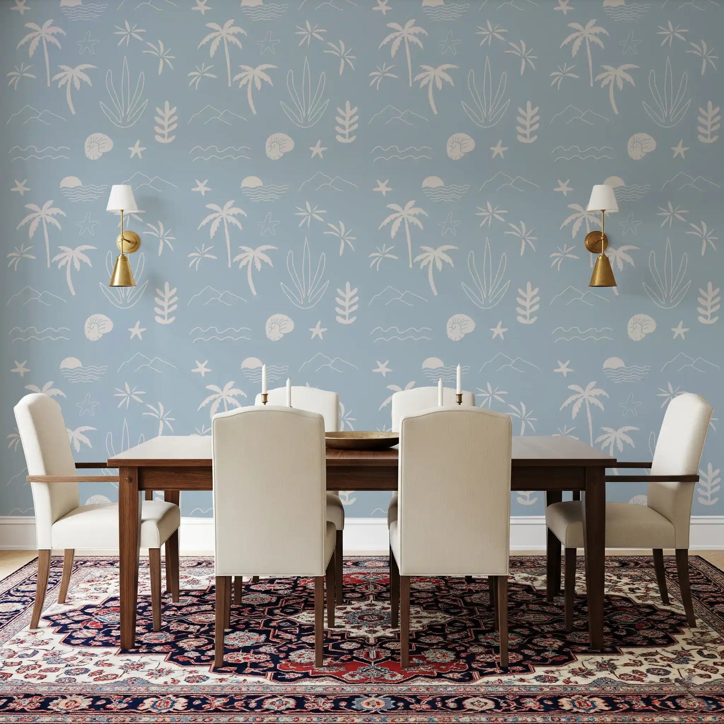 Dining room using Boho Coastal Wallpaper with tropical icon artwork