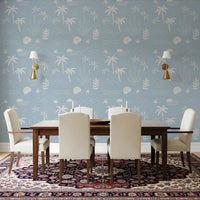 Dining room using Boho Coastal Wallpaper with tropical icon artwork