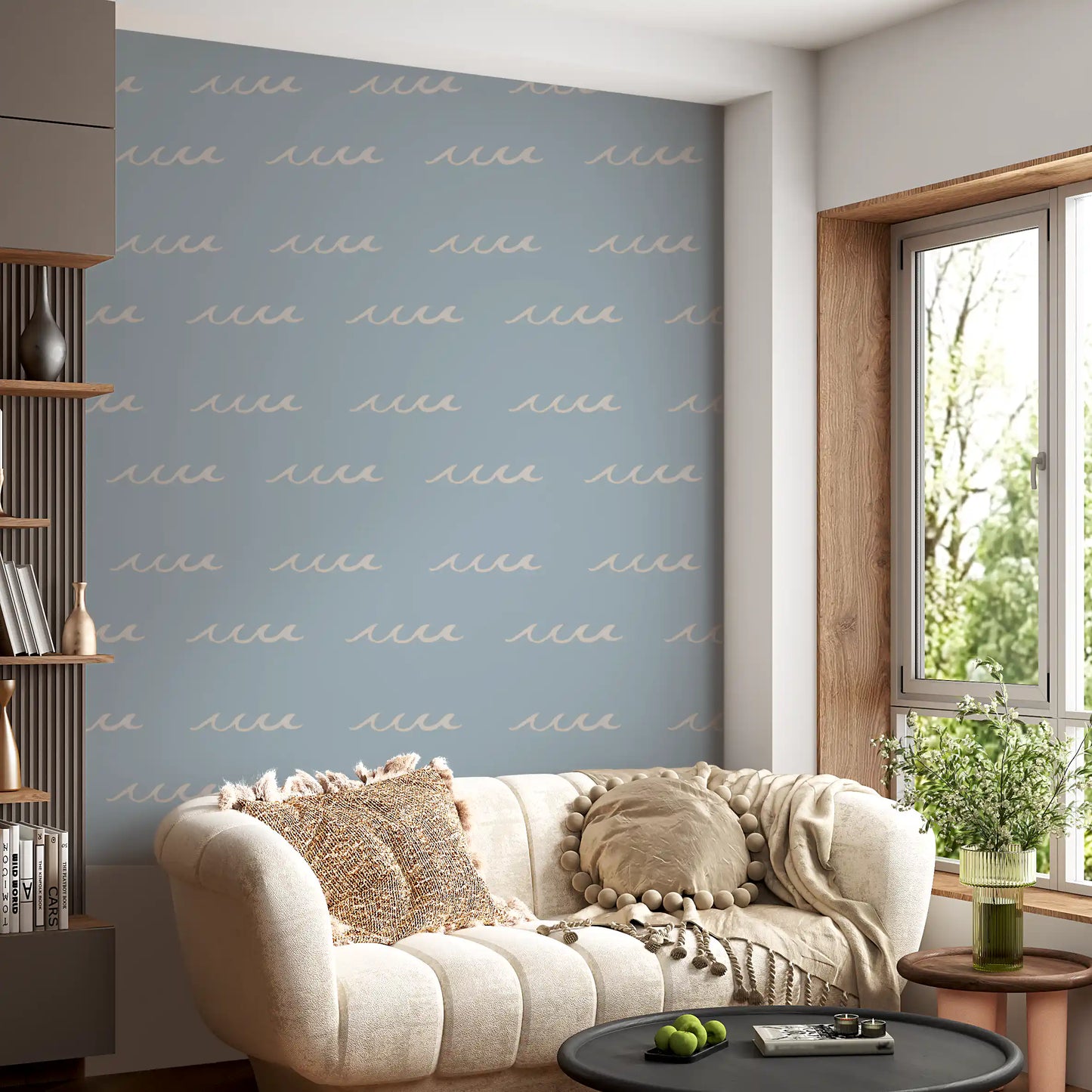 Boho Coastal Wallpaper with pale blue base and simple water-inspired lines