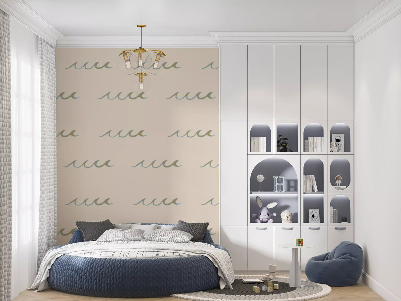 Bedroom wall showing Sand Wave Wallpaper with calm coastal wave lines