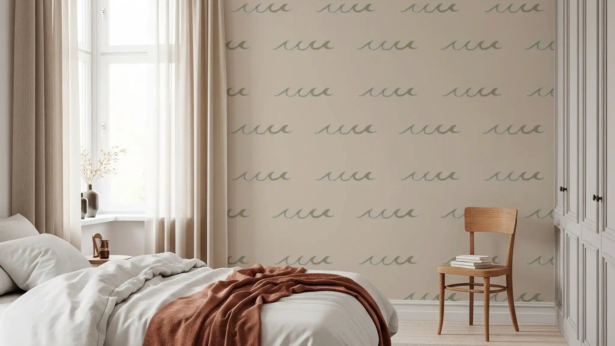 Bedroom with Sand Wave Wallpaper in a soft boho coastal pattern
