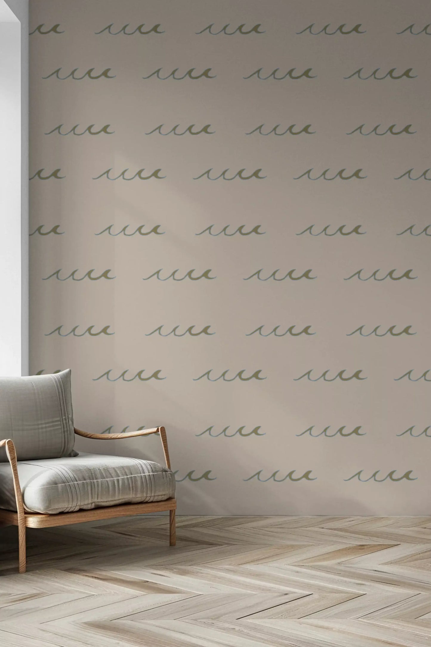 Clean coastal wallpaper with simple wave pattern and neutral sand colour