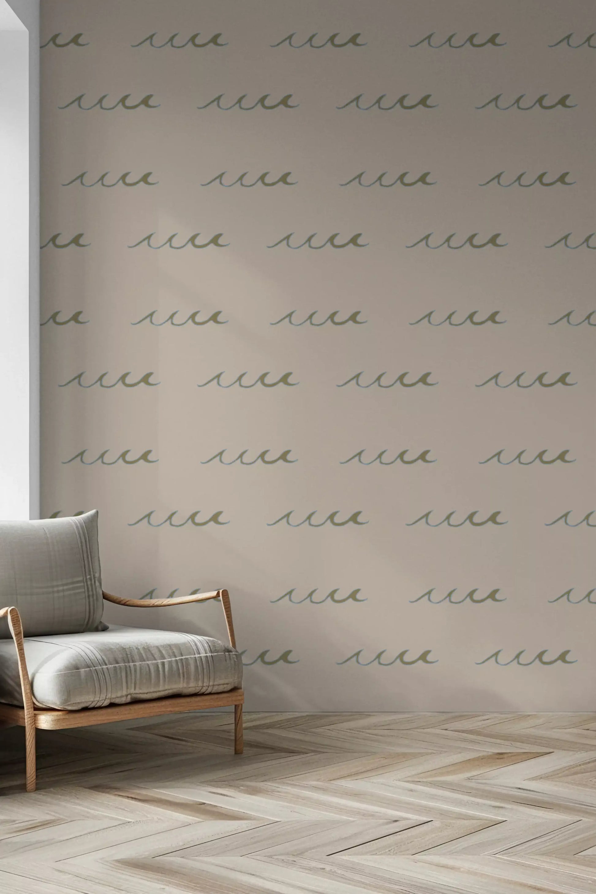 Clean coastal wallpaper with simple wave pattern and neutral sand colour