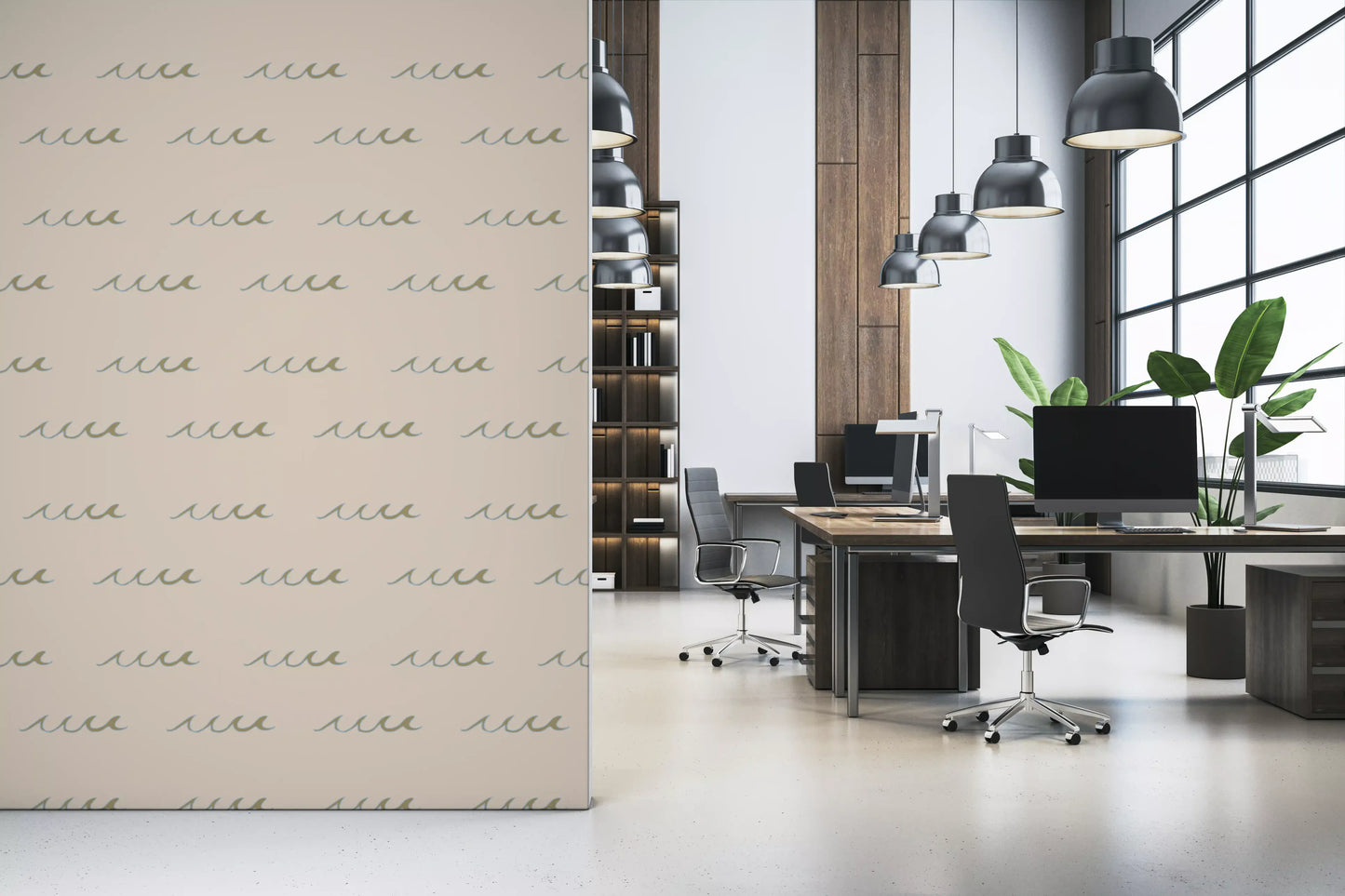 Office area with Wave Wallpaper in a light sand boho design