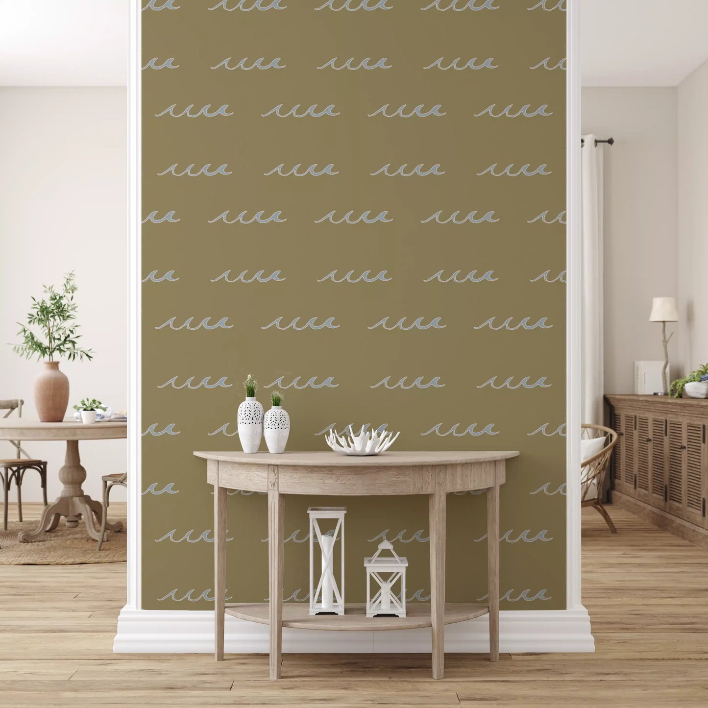 Olive coastal wallpaper carrying small blue waves and minimal styling