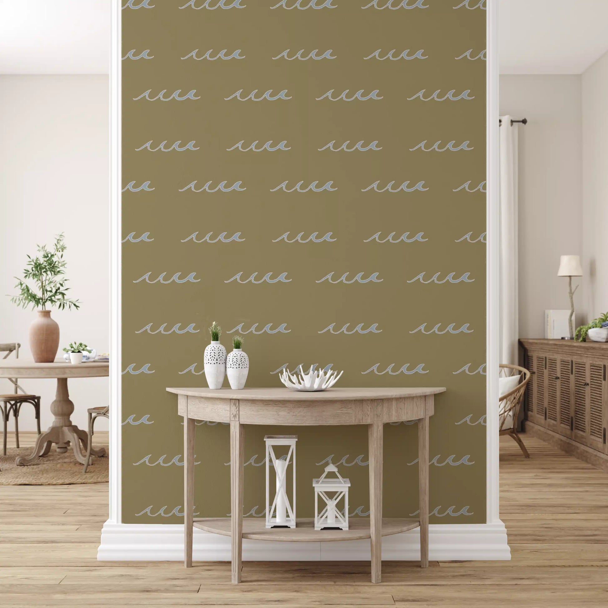 Olive coastal wallpaper carrying small blue waves and minimal styling