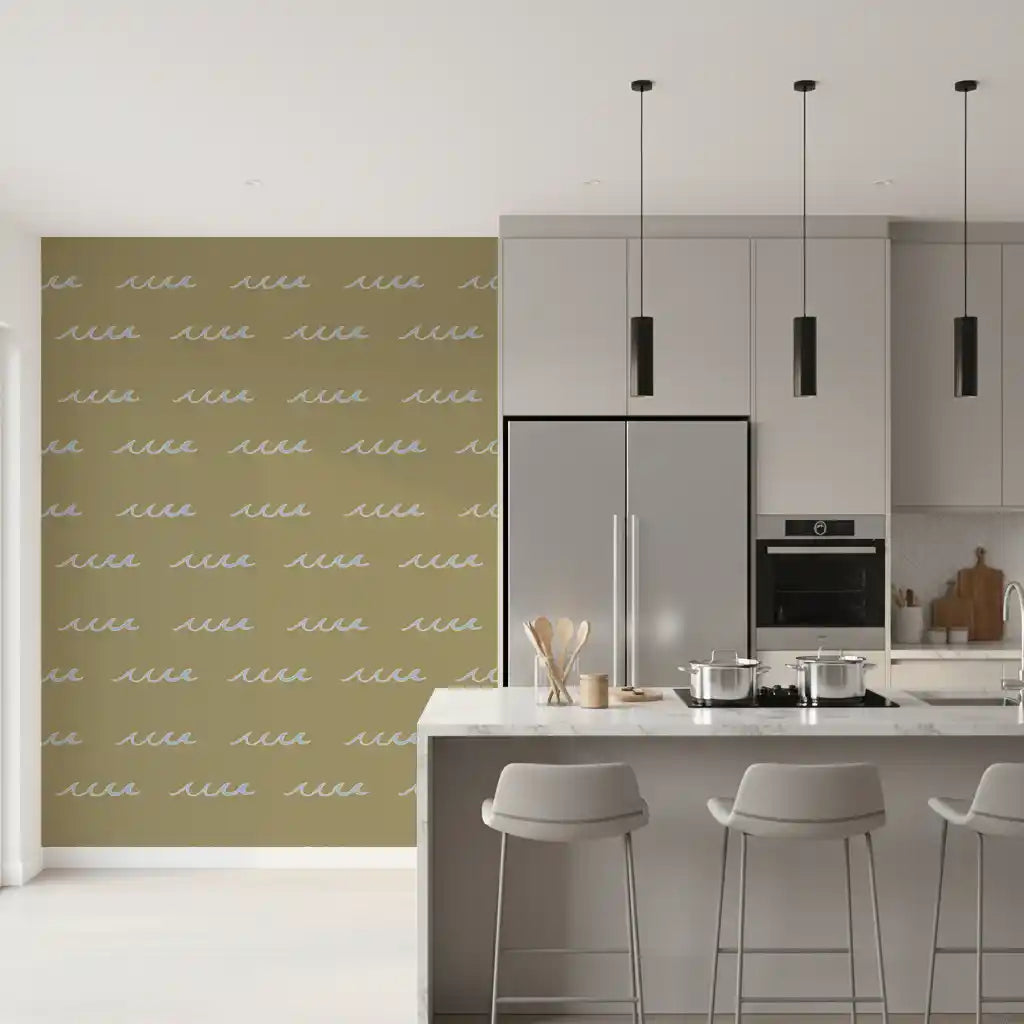 Olive Green Wave Wallpaper Boho Coastal Wallpaper⁠