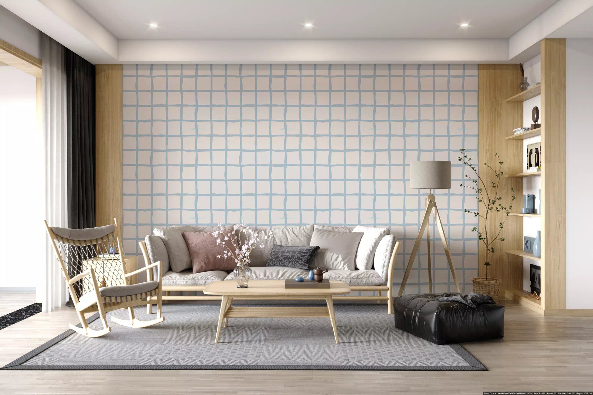 Check wallpaper showing Olive Green grid lines with relaxed wall pattern
