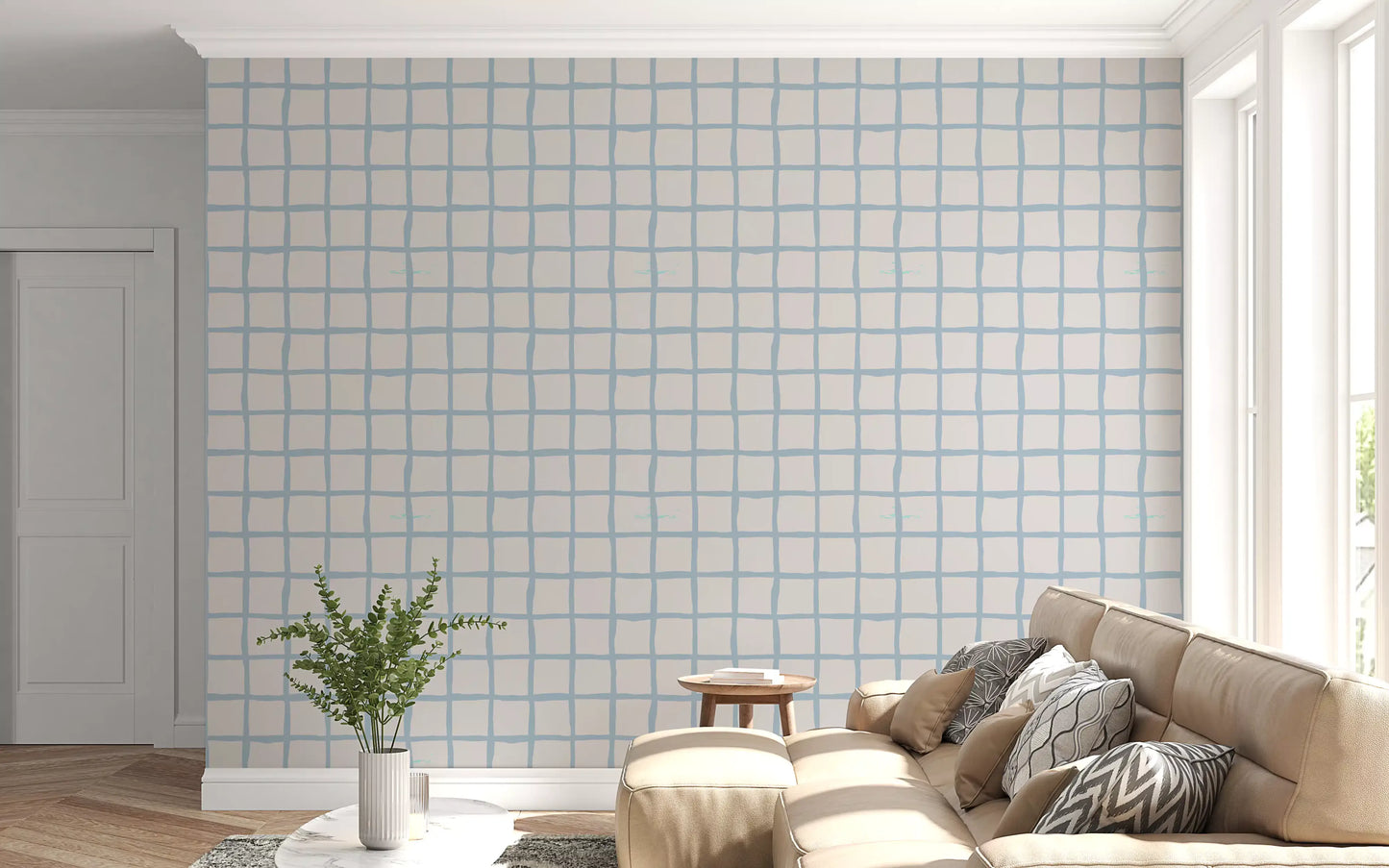 Living room wall using Olive Green Grid wallpaper with loose cream linework