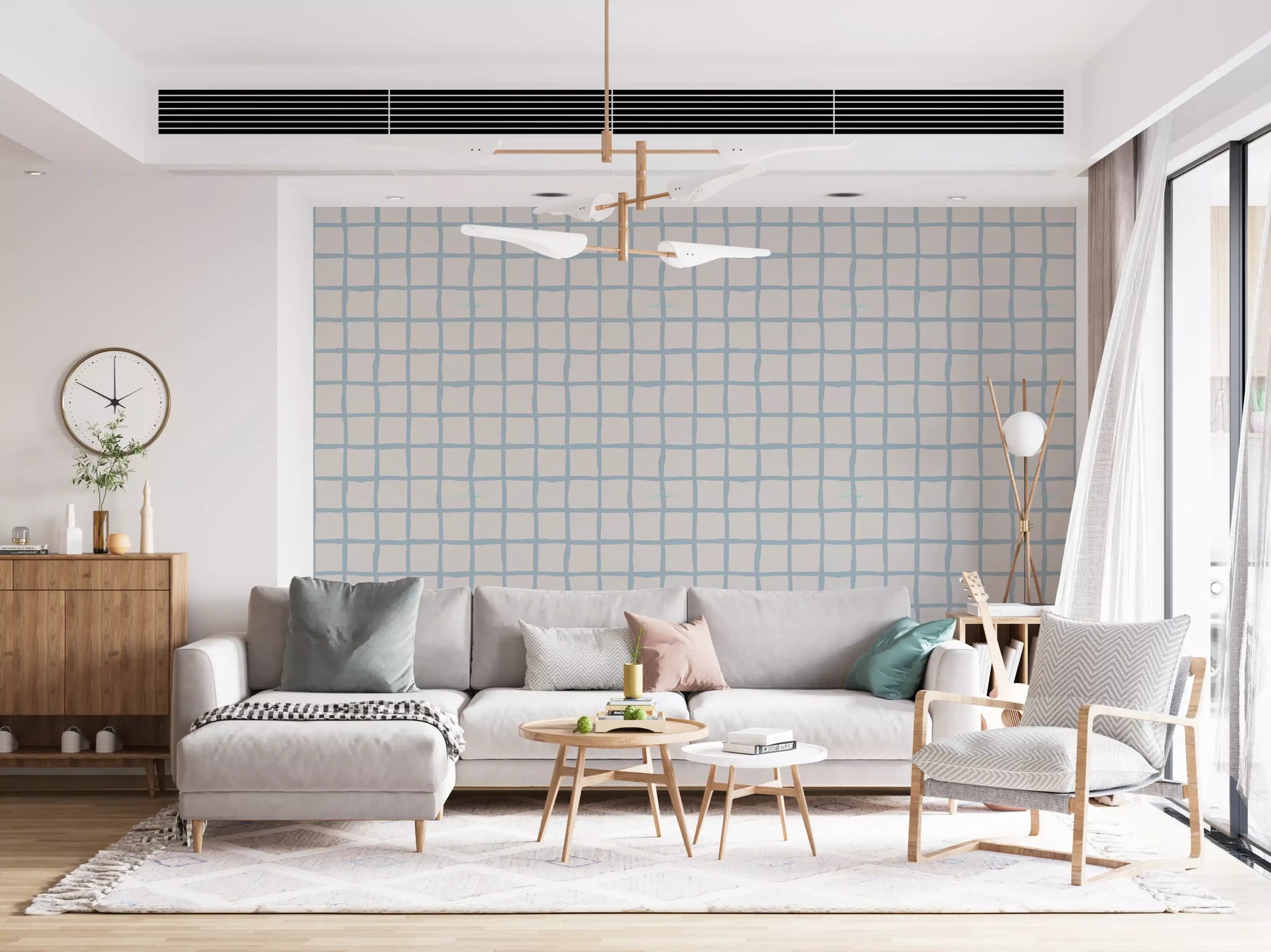 Hallway wall in Grid Wallpaper with muted olive blocks and calm spacing