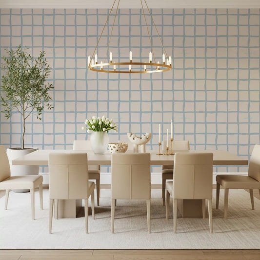 Dining room wall with Olive Green Grid Wallpaper and soft coastal check detail