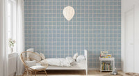 Soft Blue Check Wallpaper featuring simple geometric blocks and coastal mood