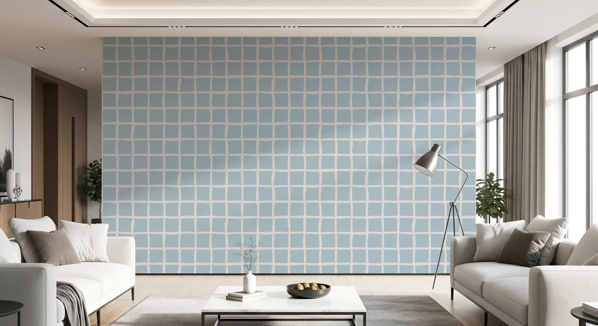 Living room wall with Soft Blue Grid Wallpaper and relaxed boho coastal checks
