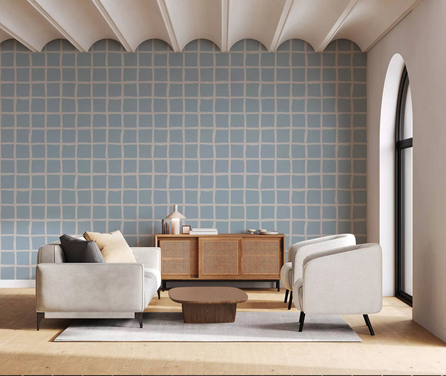 Grid Wallpaper with relaxed cream linework on a pale blue background