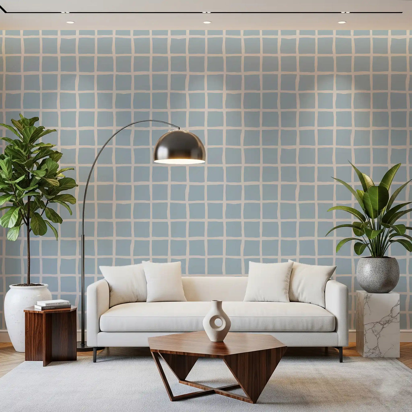 Soft Blue Grid Wallpaper with pale blue squares and off-white hand-drawn lines