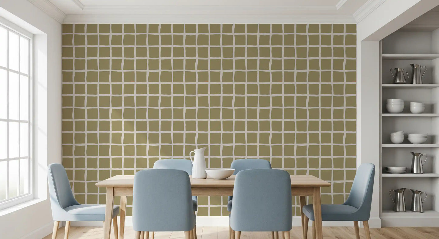 Green check wallpaper carrying soft geometric squares and casual line detail
