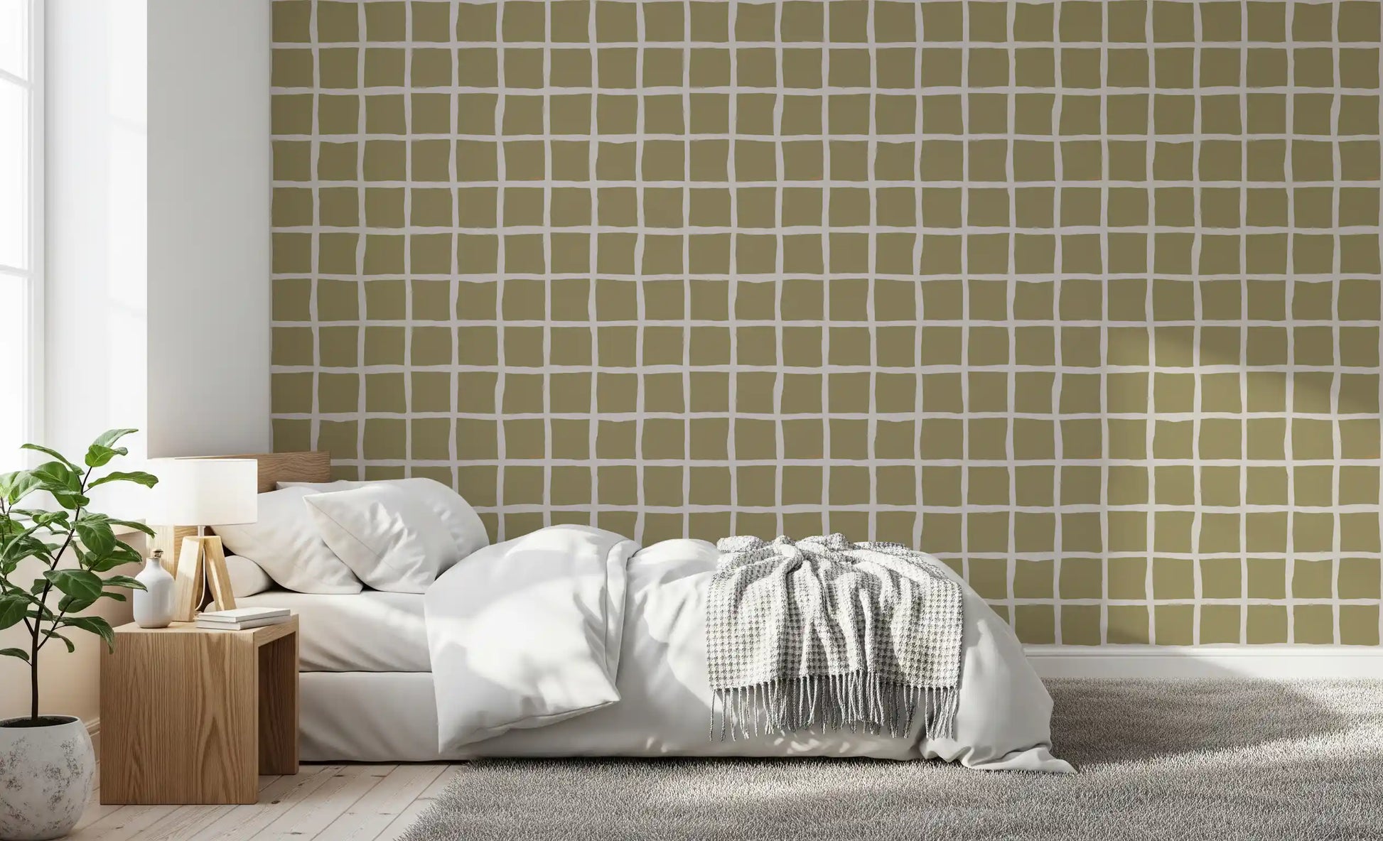 Bedroom wallpaper featuring olive beige blocks and relaxed grid movement