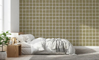 Bedroom wallpaper featuring olive beige blocks and relaxed grid movement