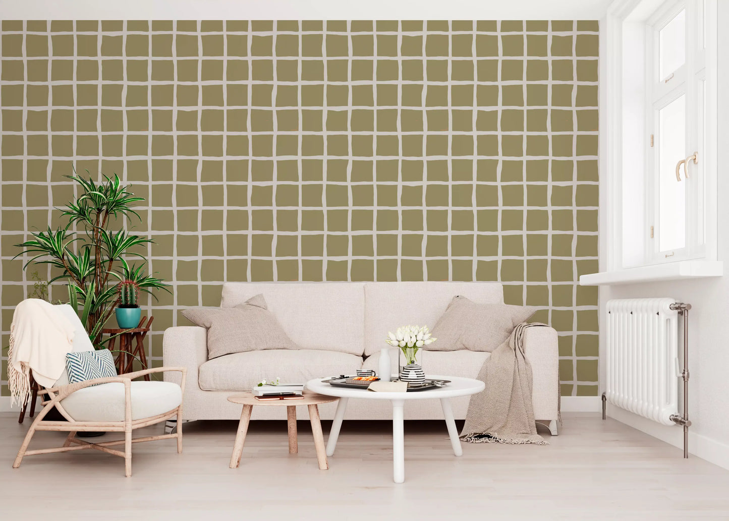 Boho coastal wallpaper with muted olive blocks and bright white separators