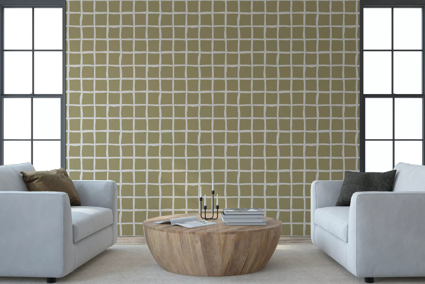 Office area wallpaper using boho coastal checks with hand-drawn white linework