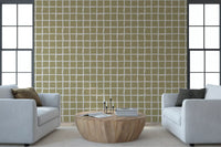 Office area wallpaper using boho coastal checks with hand-drawn white linework