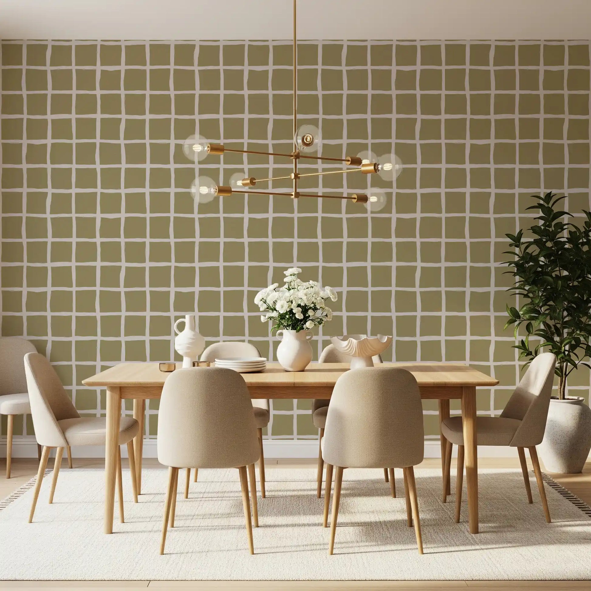 Coastal grid wallpaper with warm neutral blocks and easy check structure