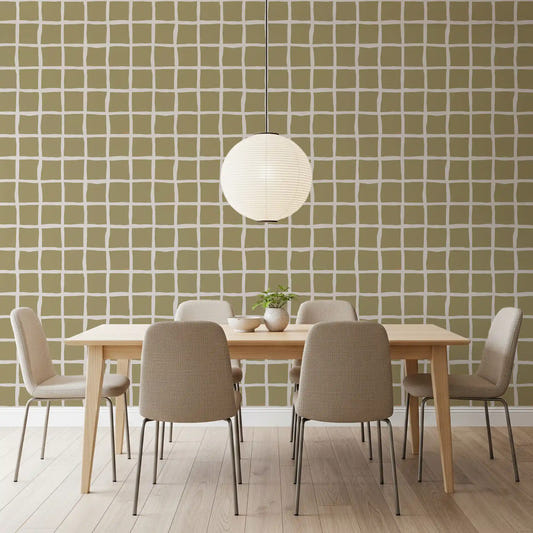 Dining room wallpaper showing green grid pattern with warm neutral square spacing
